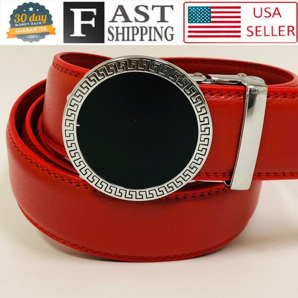 Red Belt Ratchet Belt for Men Leather Fashion Adjustable Automatic Slide No Hole - Picture 1 of 3